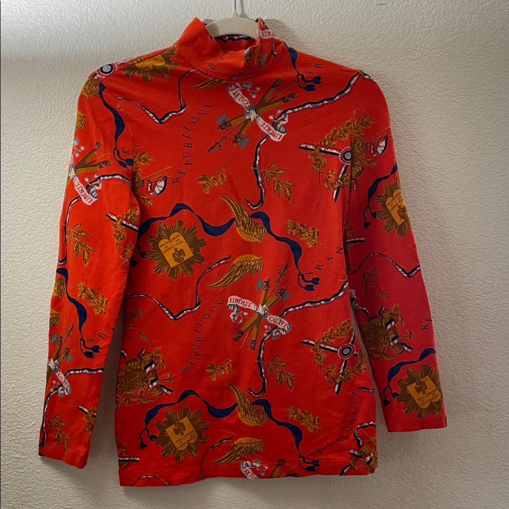 Mundi Vtg unique Red Long Sleeve French Republic Graphic top made Germany Sz 36
